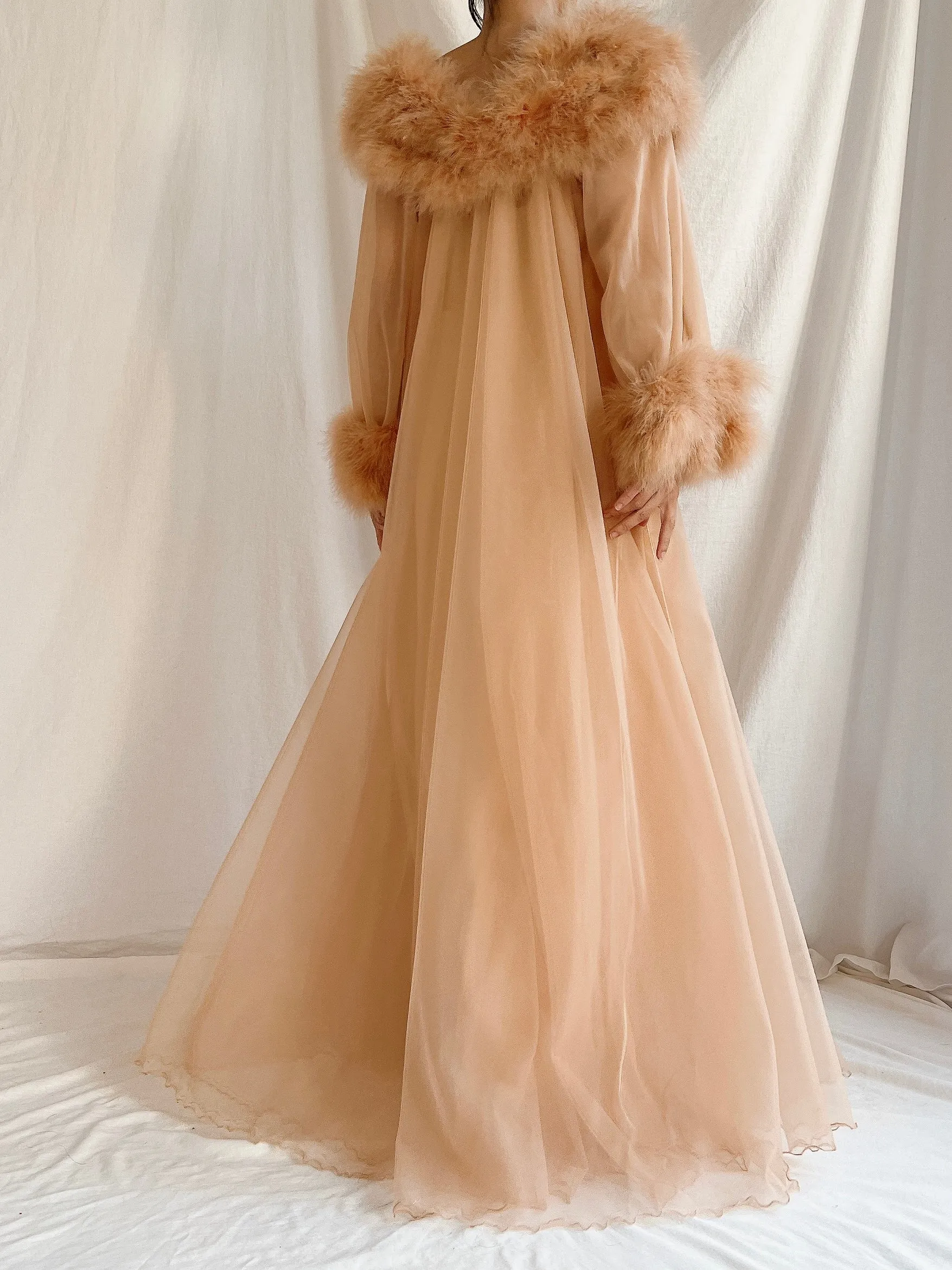 1960s Dark Apricot Nylon Marabou Duster - S/M
