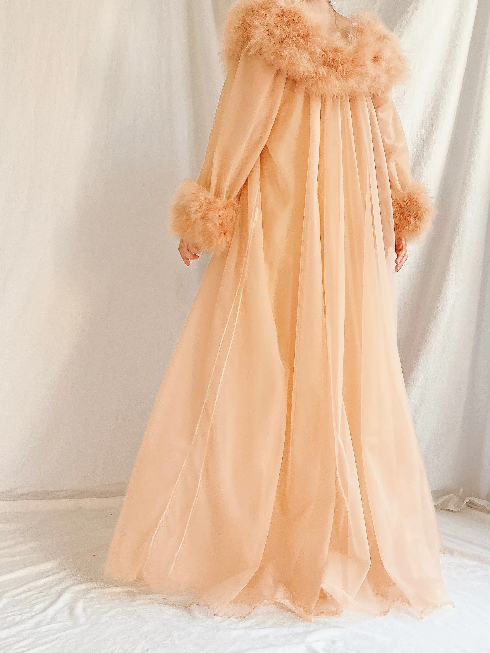 1960s Dark Apricot Nylon Marabou Duster - S/M