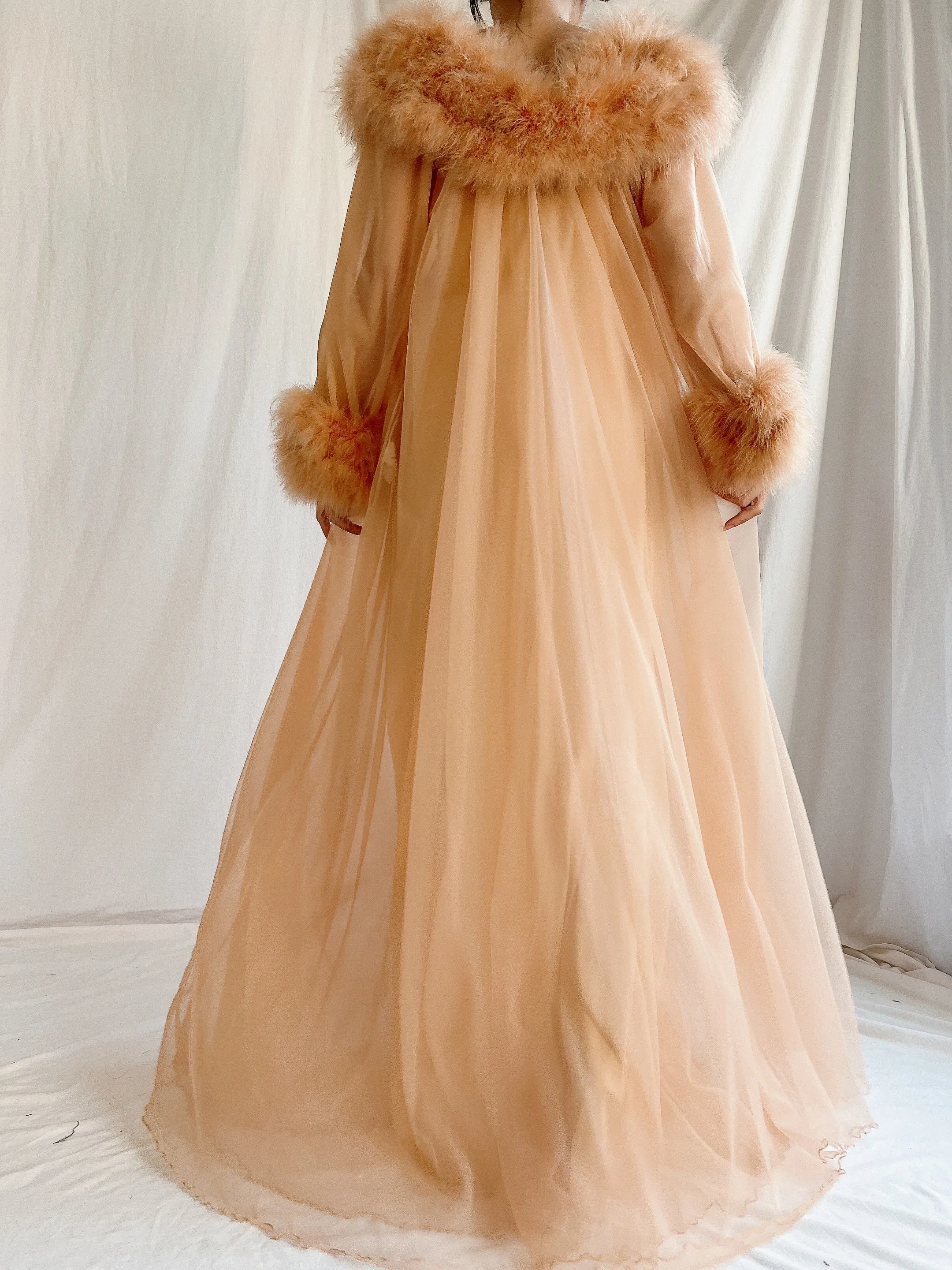 1960s Dark Apricot Nylon Marabou Duster - S/M