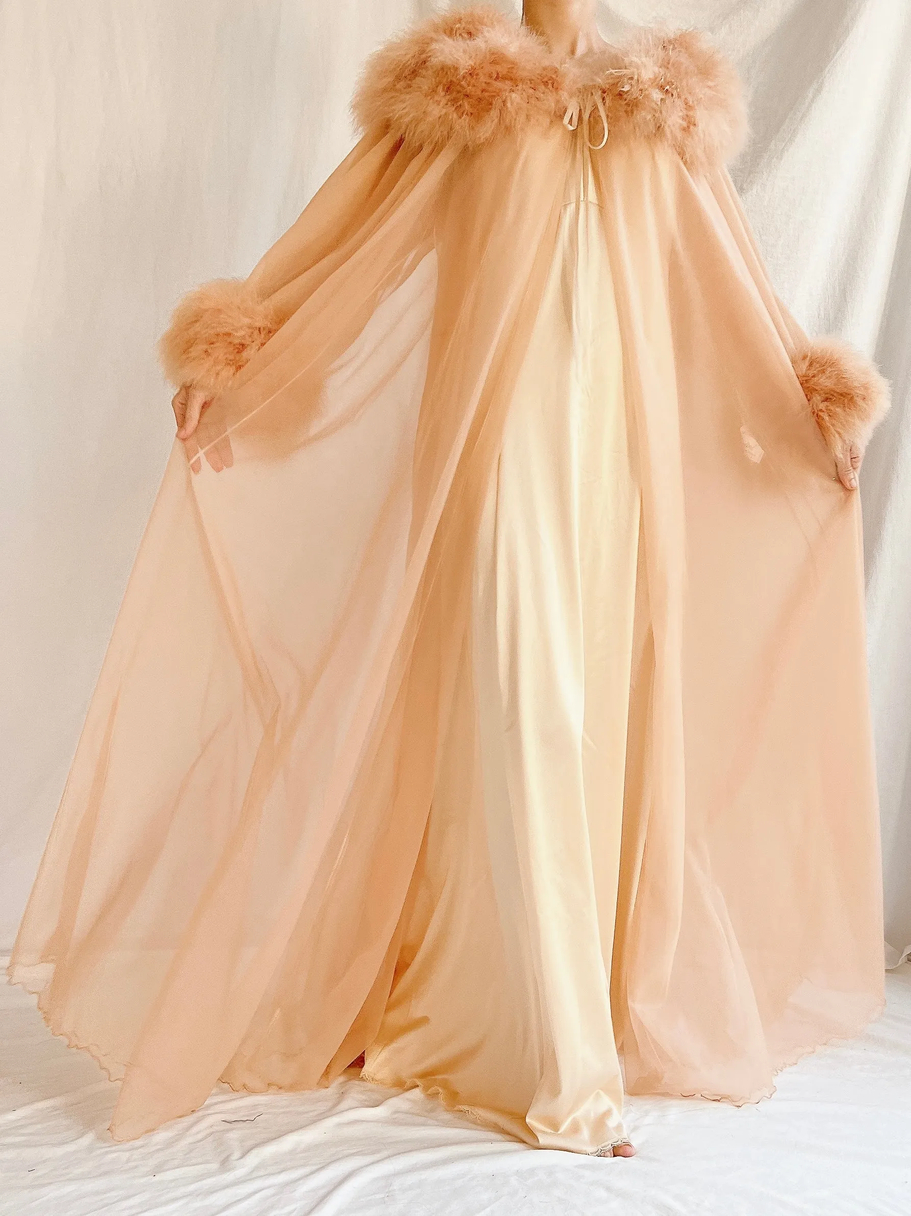 1960s Dark Apricot Nylon Marabou Duster - S/M