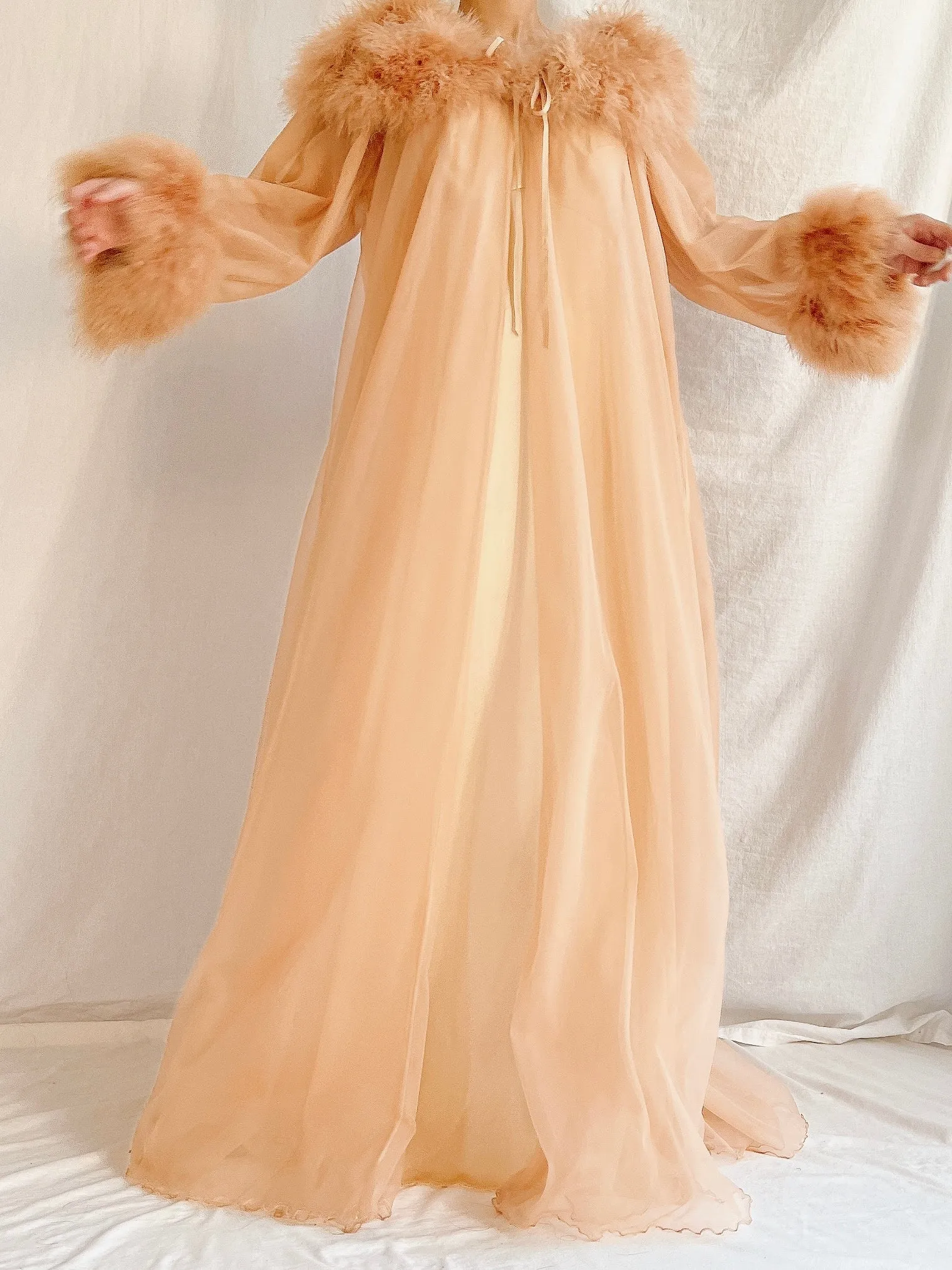 1960s Dark Apricot Nylon Marabou Duster - S/M