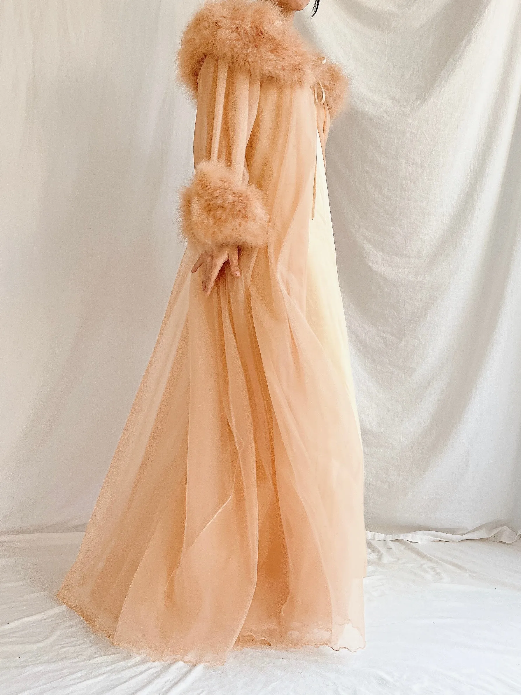 1960s Dark Apricot Nylon Marabou Duster - S/M