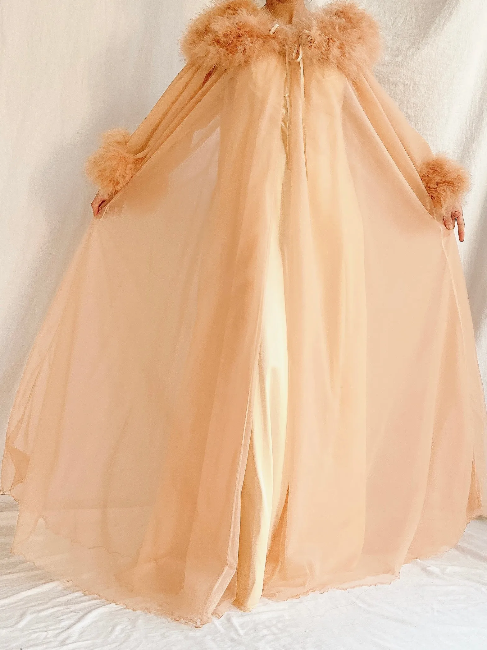 1960s Dark Apricot Nylon Marabou Duster - S/M