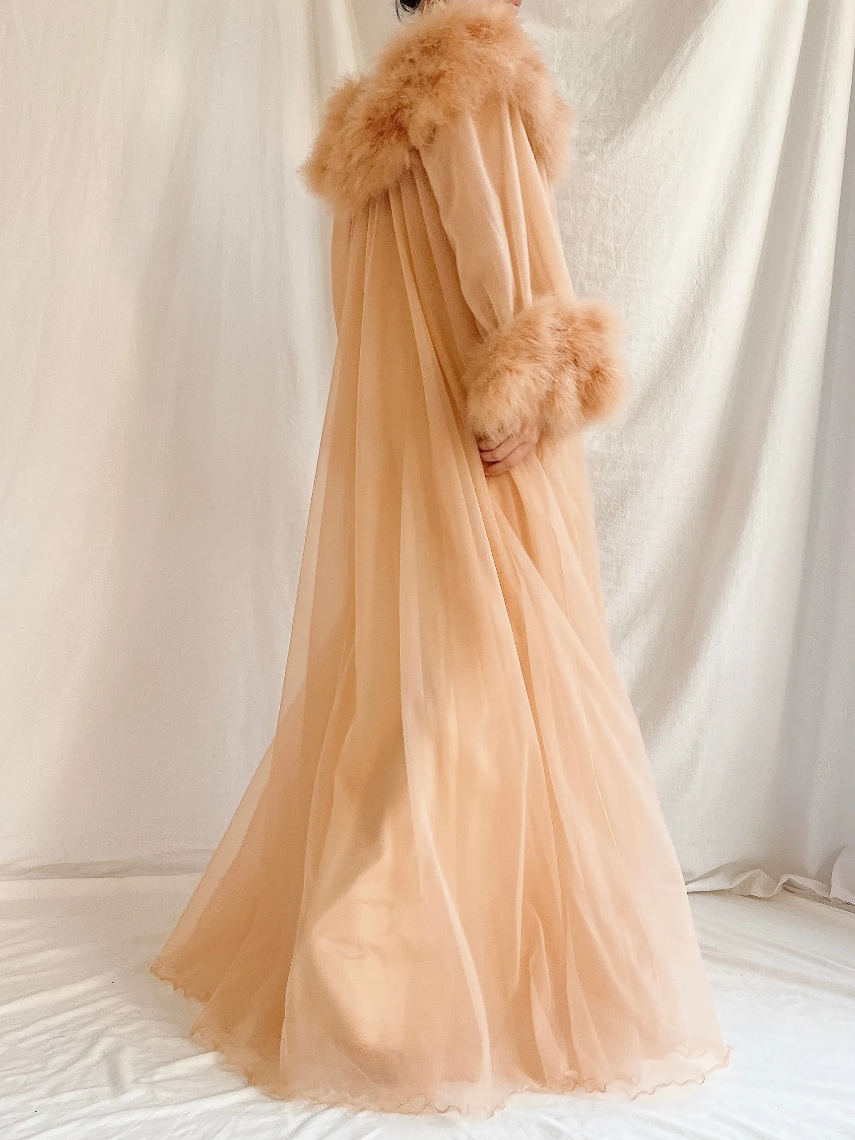 1960s Dark Apricot Nylon Marabou Duster - S/M