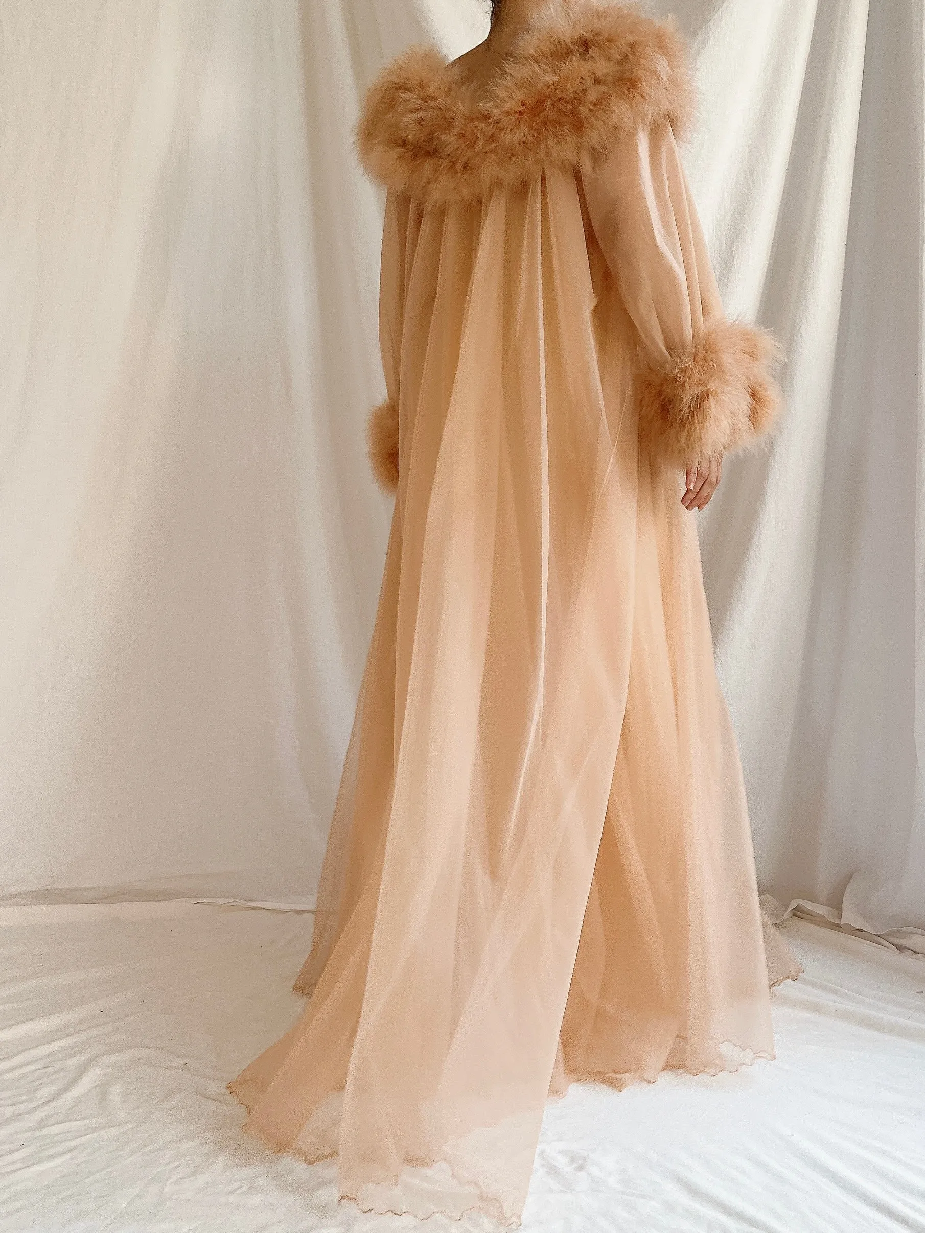 1960s Dark Apricot Nylon Marabou Duster - S/M