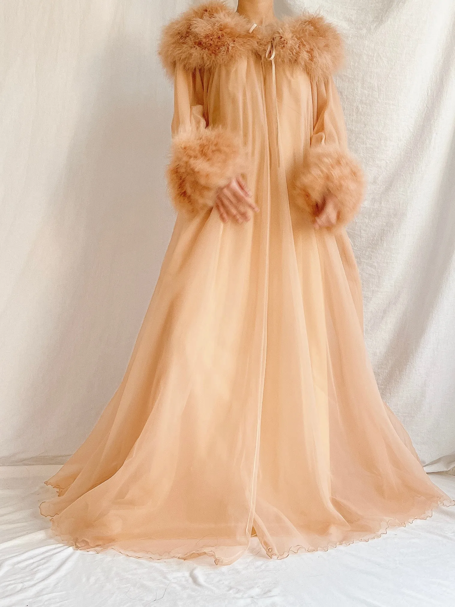 1960s Dark Apricot Nylon Marabou Duster - S/M