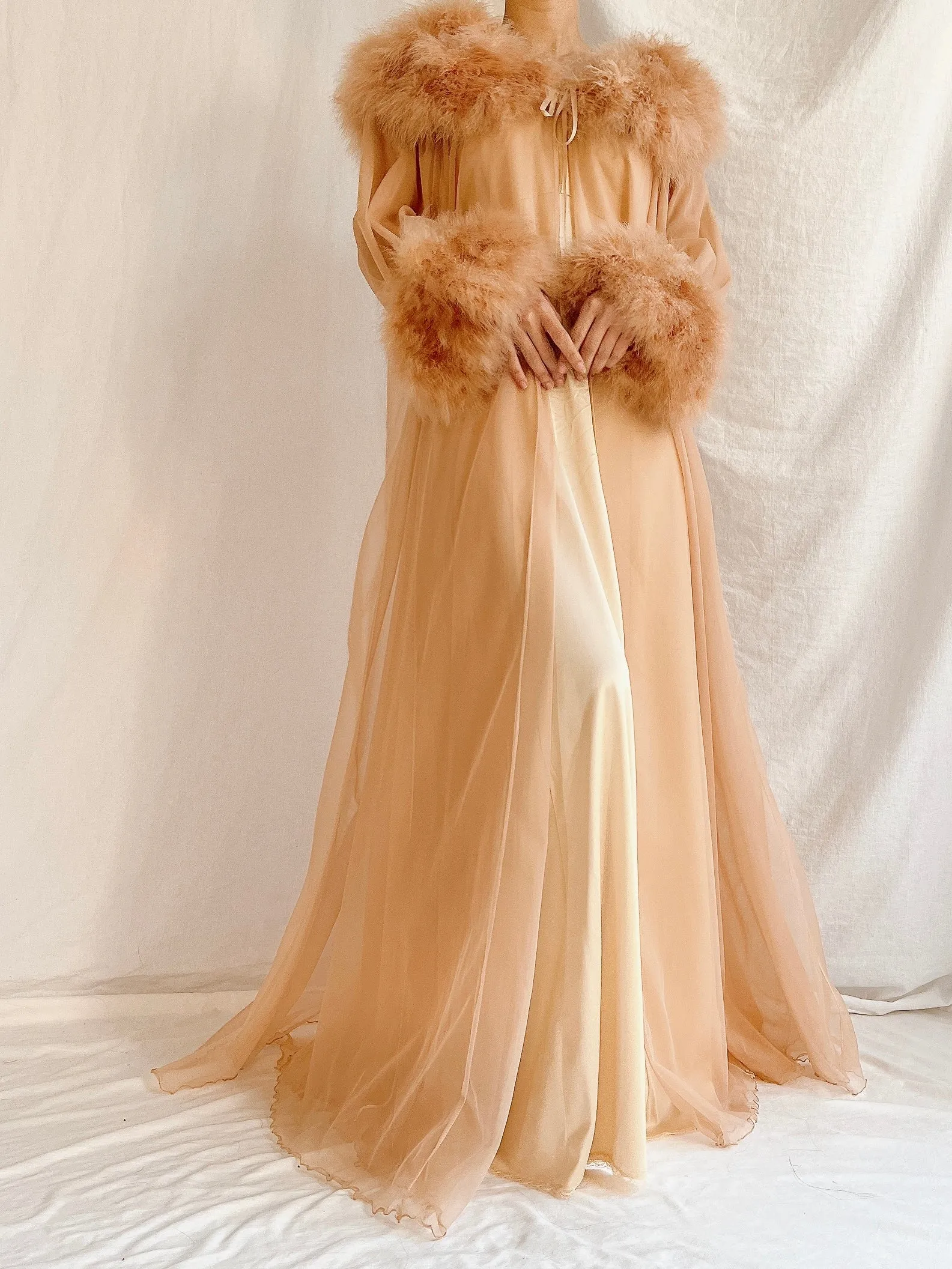 1960s Dark Apricot Nylon Marabou Duster - S/M