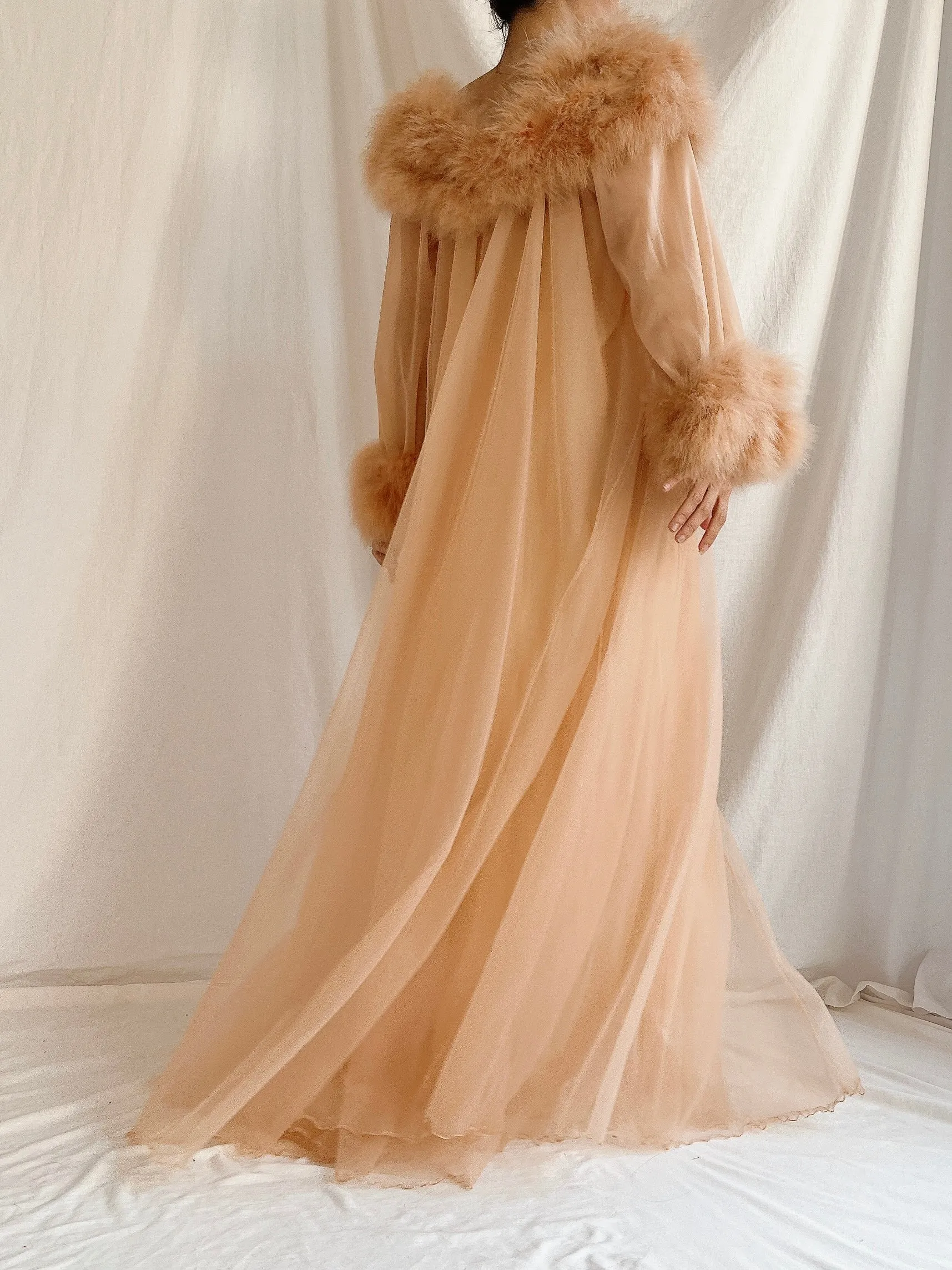 1960s Dark Apricot Nylon Marabou Duster - S/M