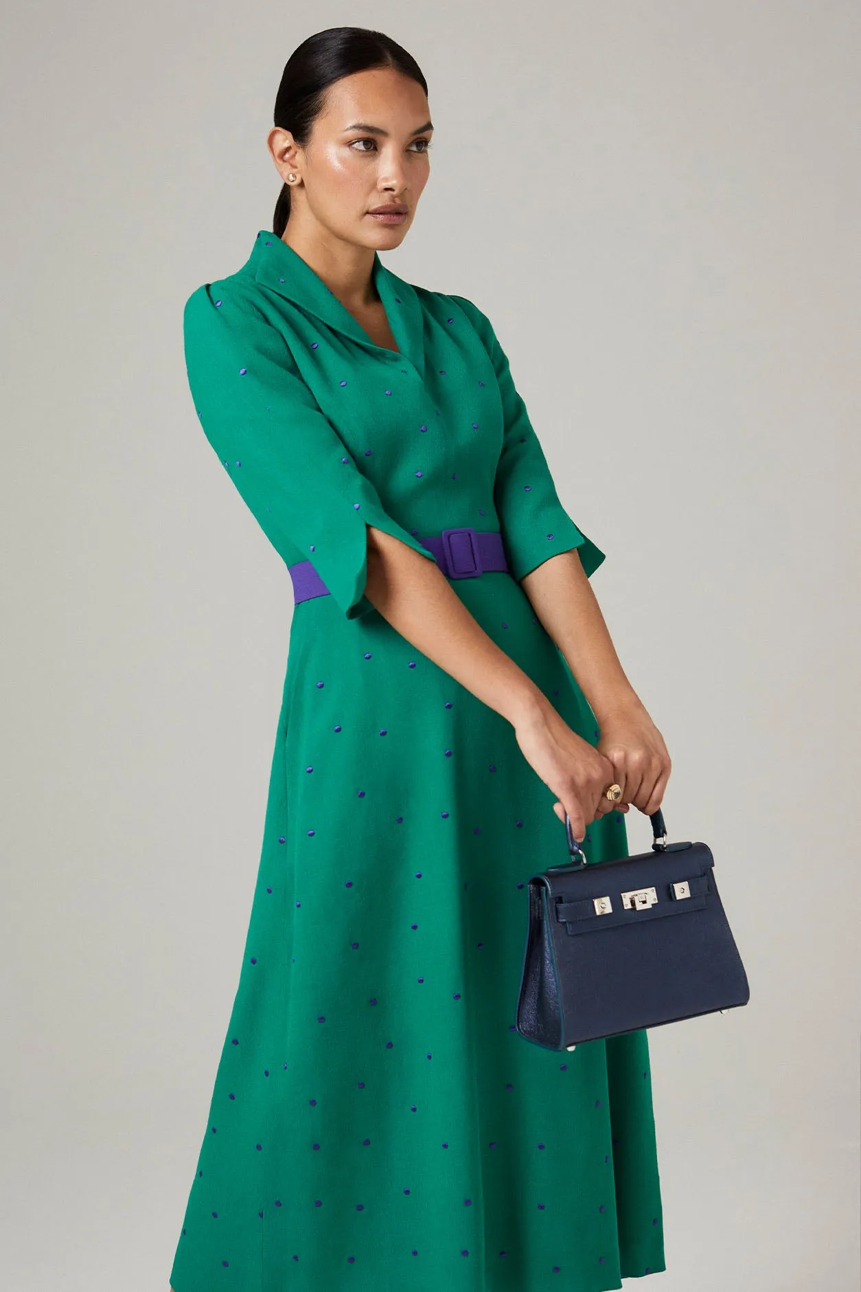 Calf-Length. A-Line Dress in Green and Purple Spot Crepe - Naomi