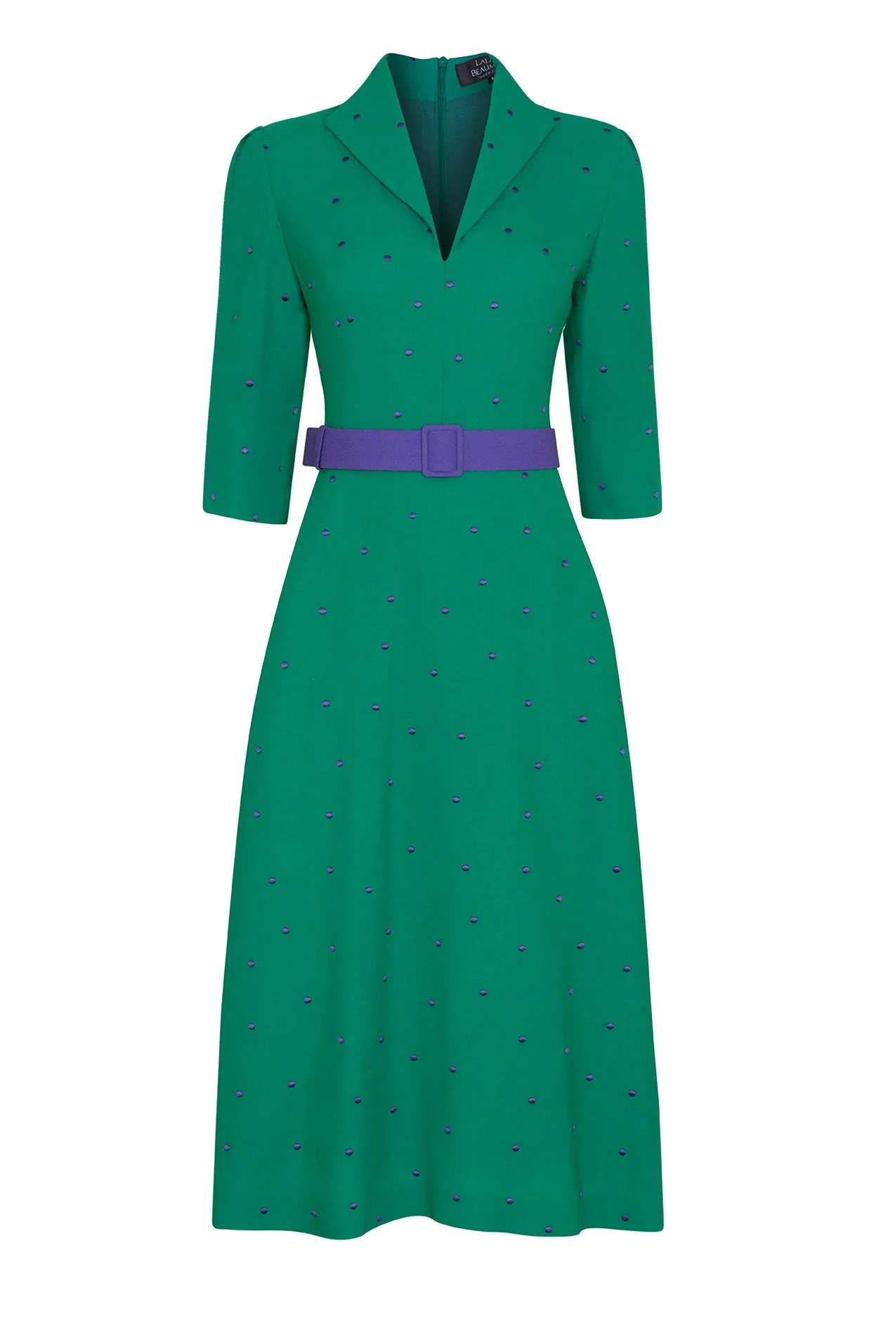 Calf-Length. A-Line Dress in Green and Purple Spot Crepe - Naomi