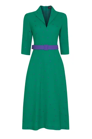 Calf-Length. A-Line Dress in Green and Purple Spot Crepe - Naomi