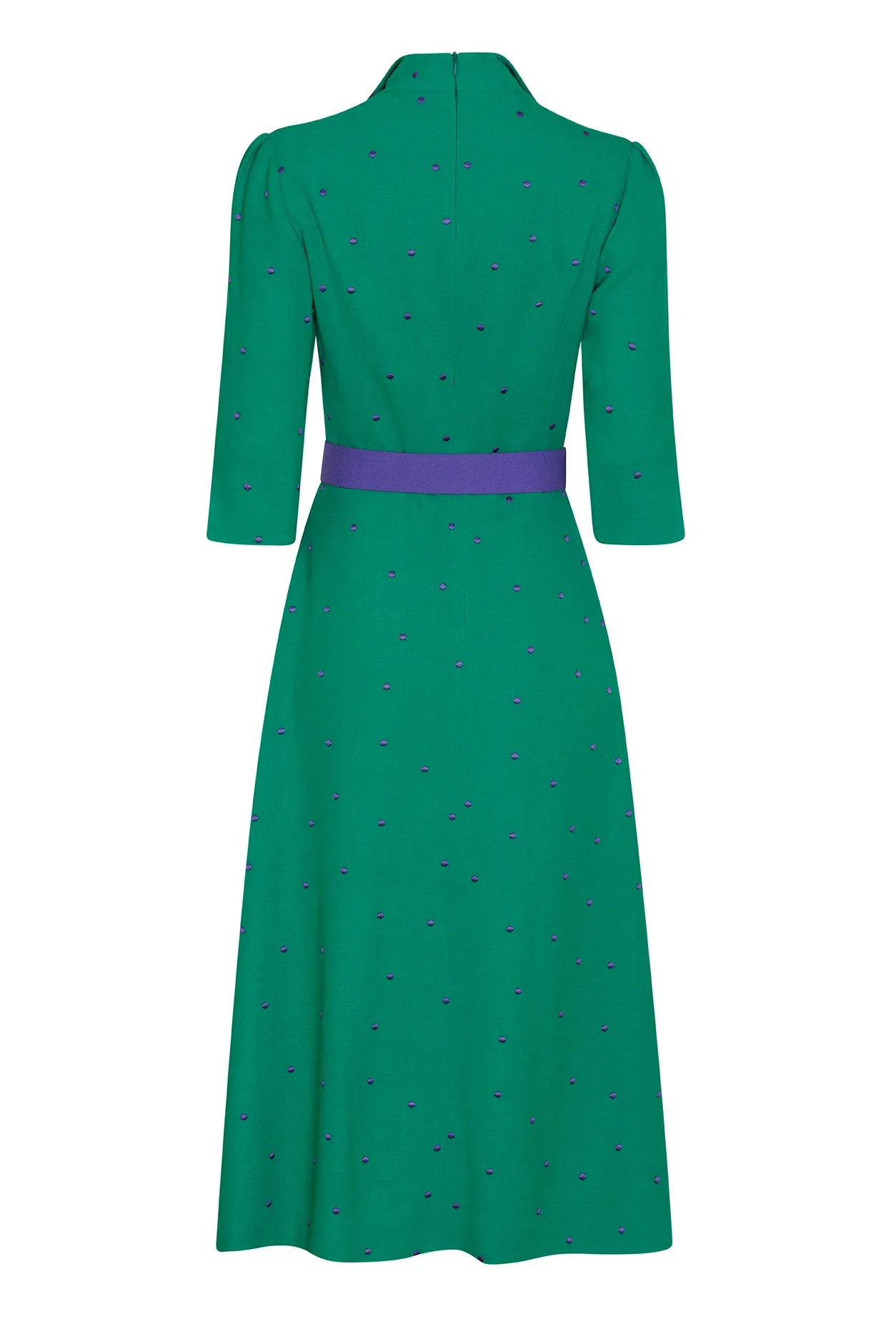 Calf-Length. A-Line Dress in Green and Purple Spot Crepe - Naomi