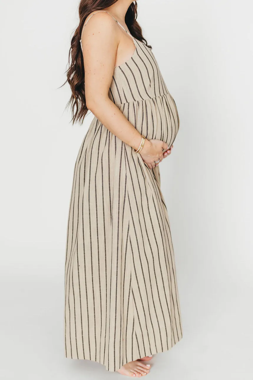 Carley Cotton & Linen Maxi Dress in Beige/Charcoal Stripe - Bump Friendly