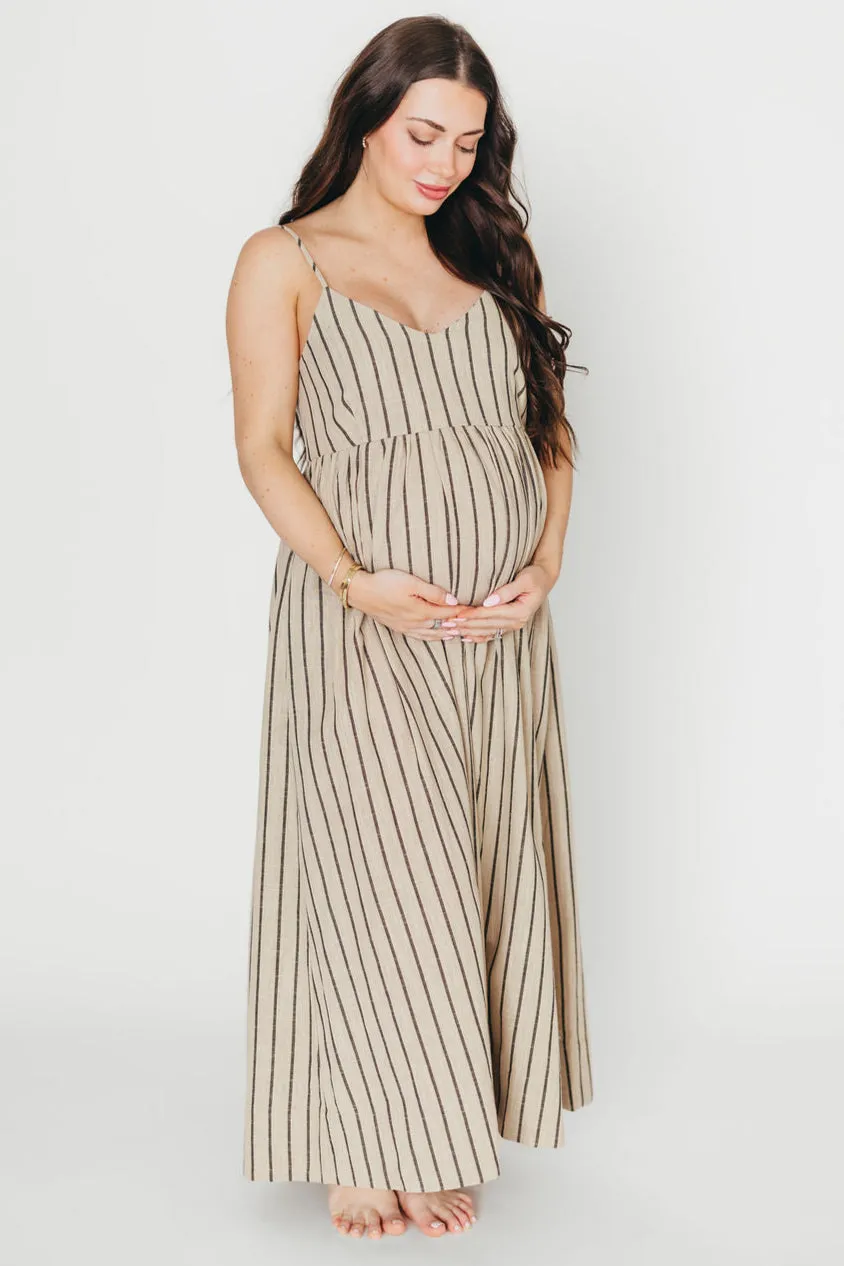 Carley Cotton & Linen Maxi Dress in Beige/Charcoal Stripe - Bump Friendly