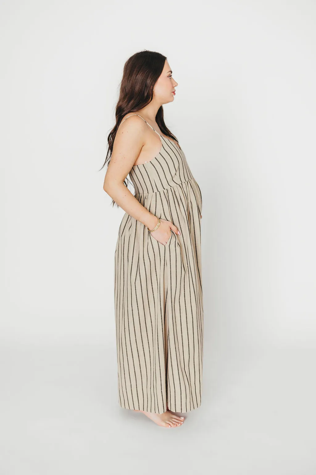 Carley Cotton & Linen Maxi Dress in Beige/Charcoal Stripe - Bump Friendly