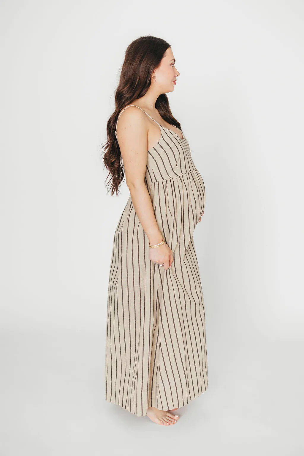 Carley Cotton & Linen Maxi Dress in Beige/Charcoal Stripe - Bump Friendly