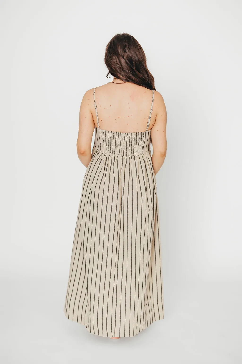 Carley Cotton & Linen Maxi Dress in Beige/Charcoal Stripe - Bump Friendly