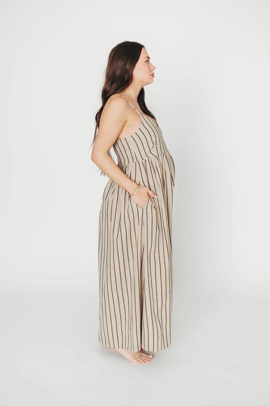 Carley Cotton & Linen Maxi Dress in Beige/Charcoal Stripe - Bump Friendly