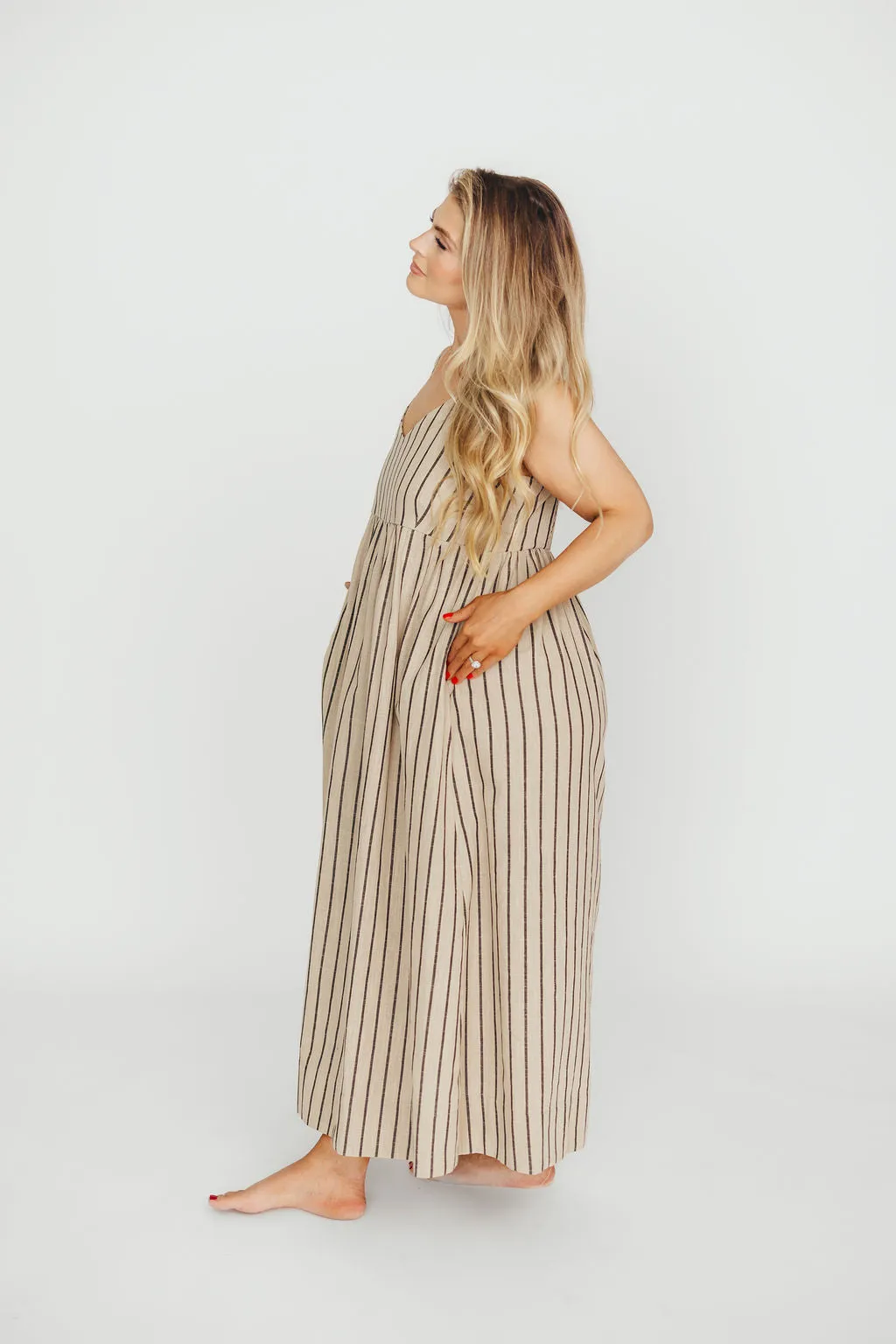 Carley Cotton & Linen Maxi Dress in Beige/Charcoal Stripe - Bump Friendly