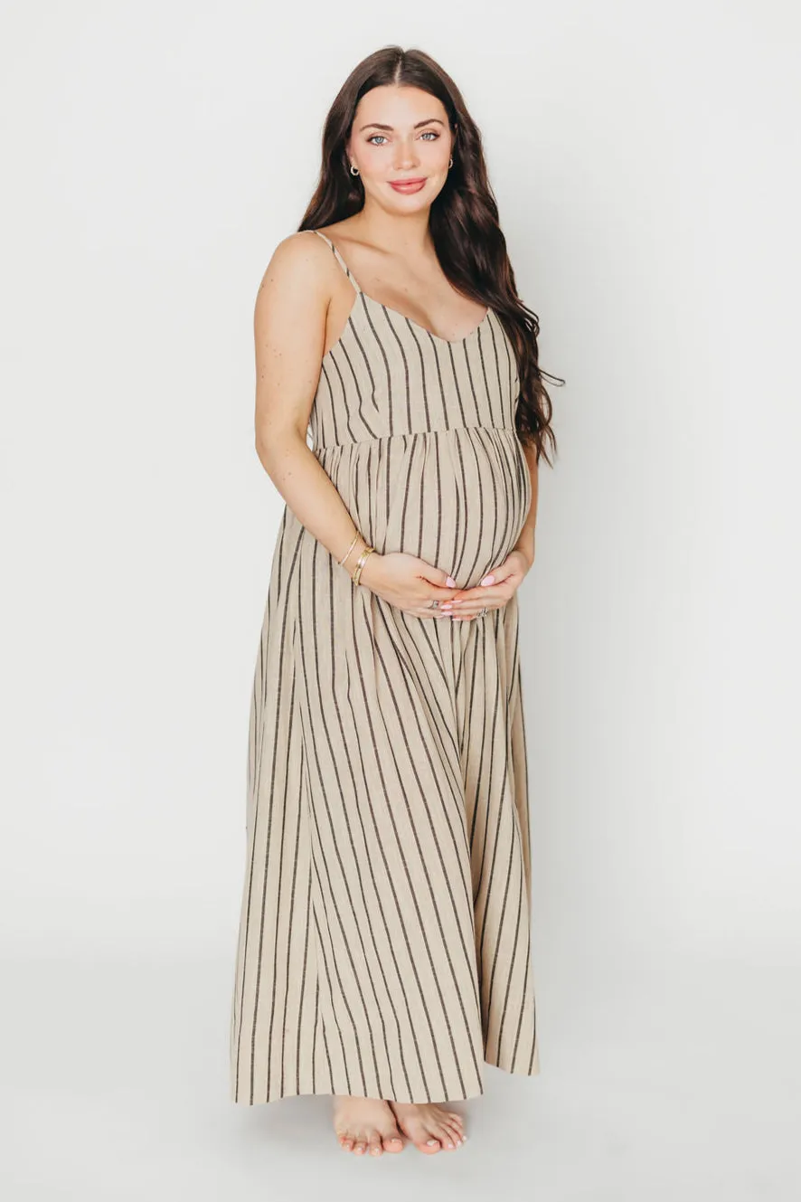 Carley Cotton & Linen Maxi Dress in Beige/Charcoal Stripe - Bump Friendly