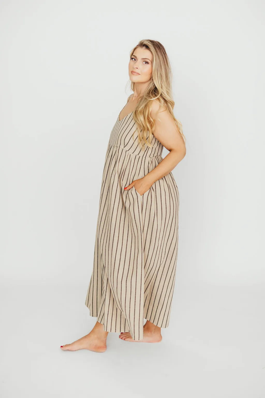 Carley Cotton & Linen Maxi Dress in Beige/Charcoal Stripe - Bump Friendly