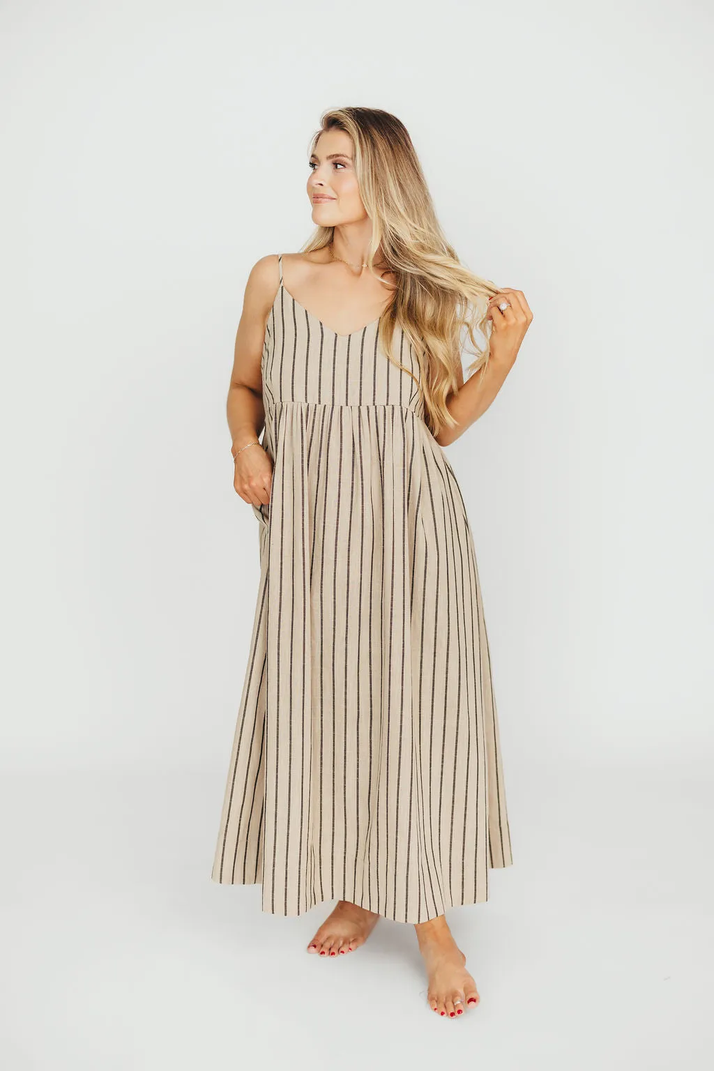 Carley Cotton & Linen Maxi Dress in Beige/Charcoal Stripe - Bump Friendly