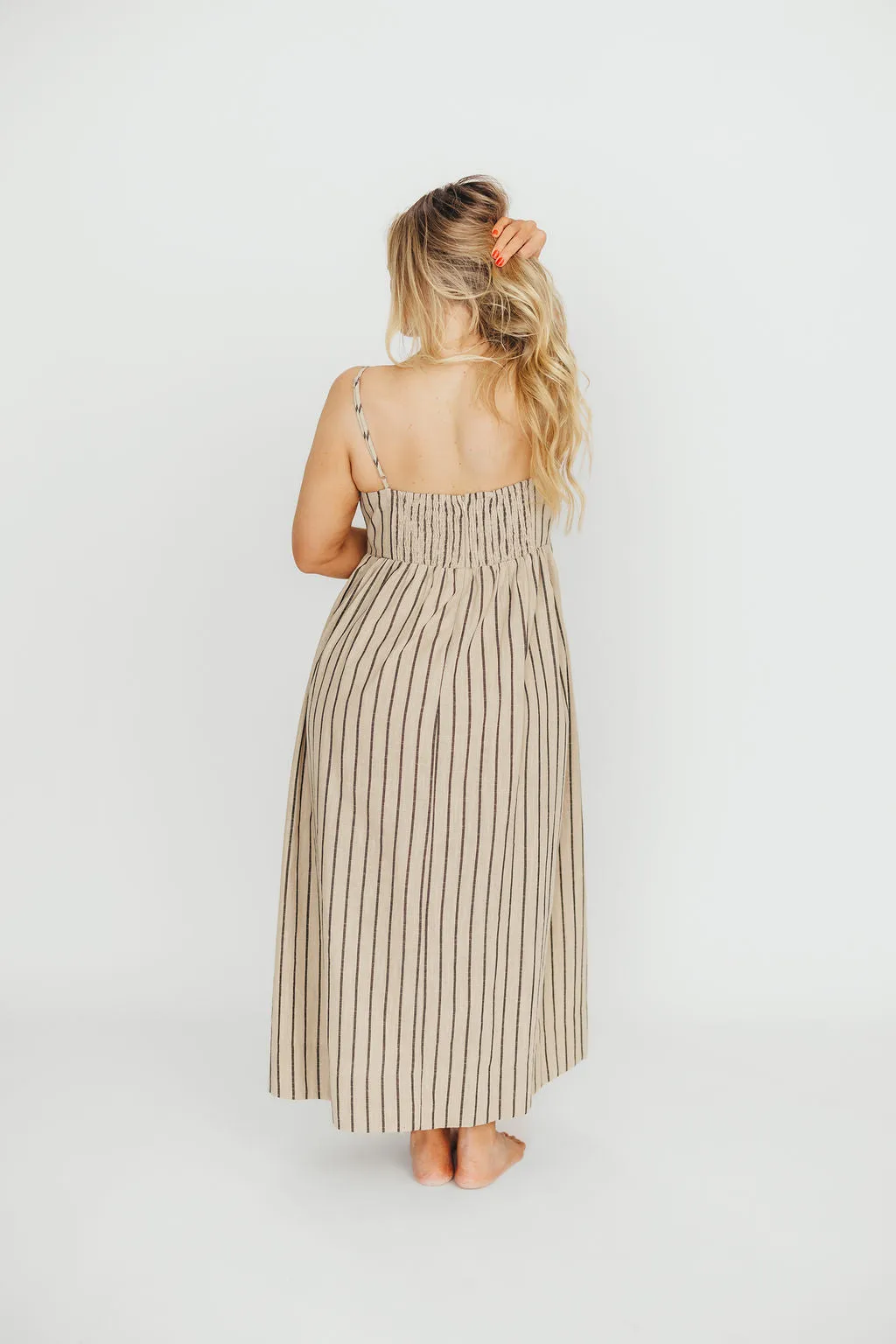 Carley Cotton & Linen Maxi Dress in Beige/Charcoal Stripe - Bump Friendly