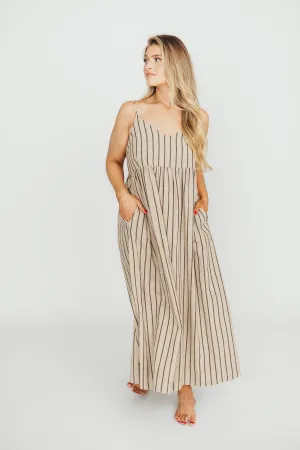 Carley Cotton & Linen Maxi Dress in Beige/Charcoal Stripe - Bump Friendly
