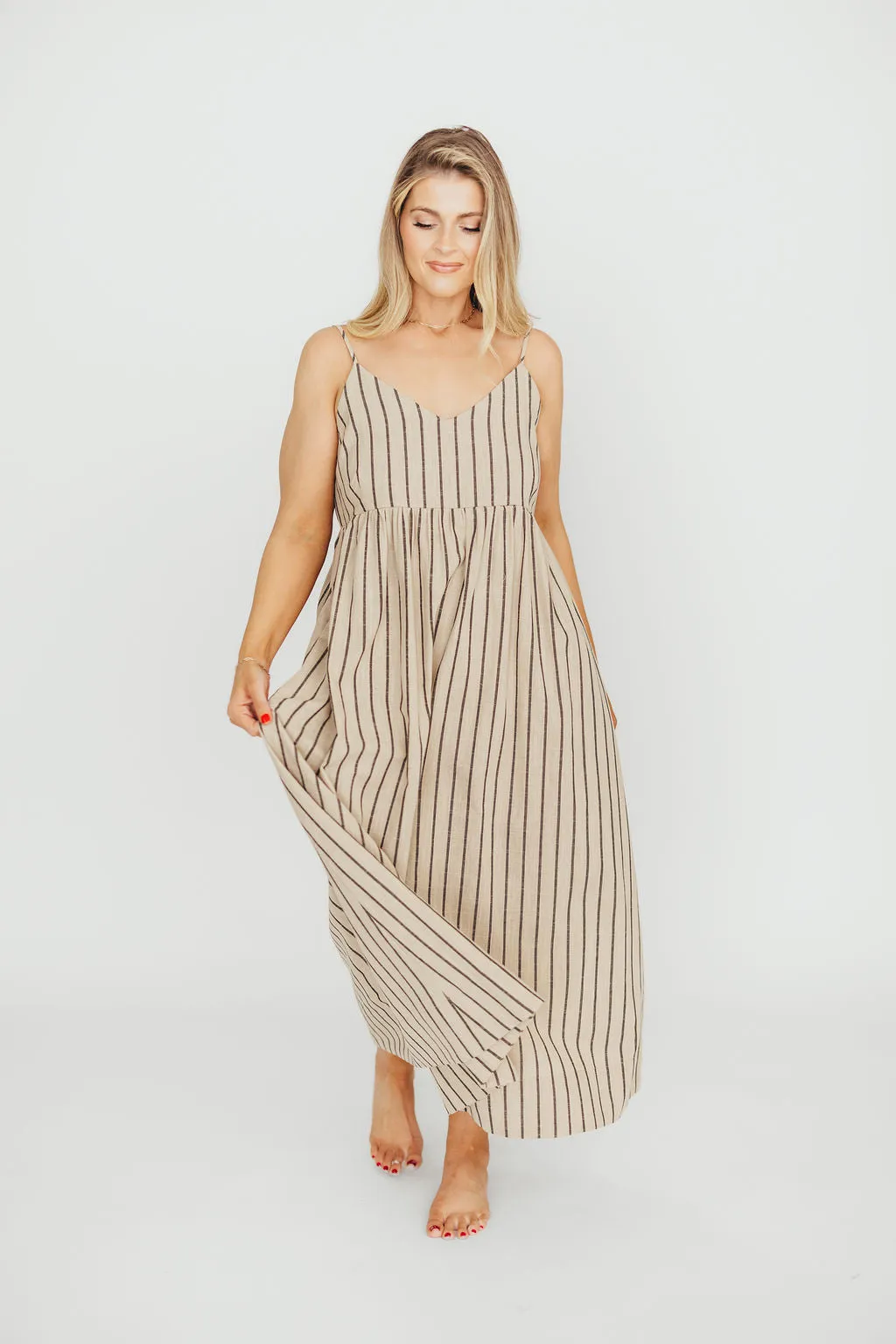 Carley Cotton & Linen Maxi Dress in Beige/Charcoal Stripe - Bump Friendly