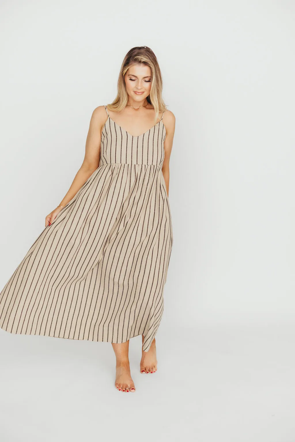 Carley Cotton & Linen Maxi Dress in Beige/Charcoal Stripe - Bump Friendly