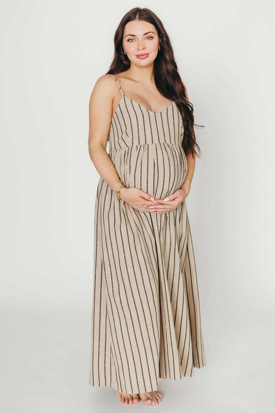 Carley Cotton & Linen Maxi Dress in Beige/Charcoal Stripe - Bump Friendly
