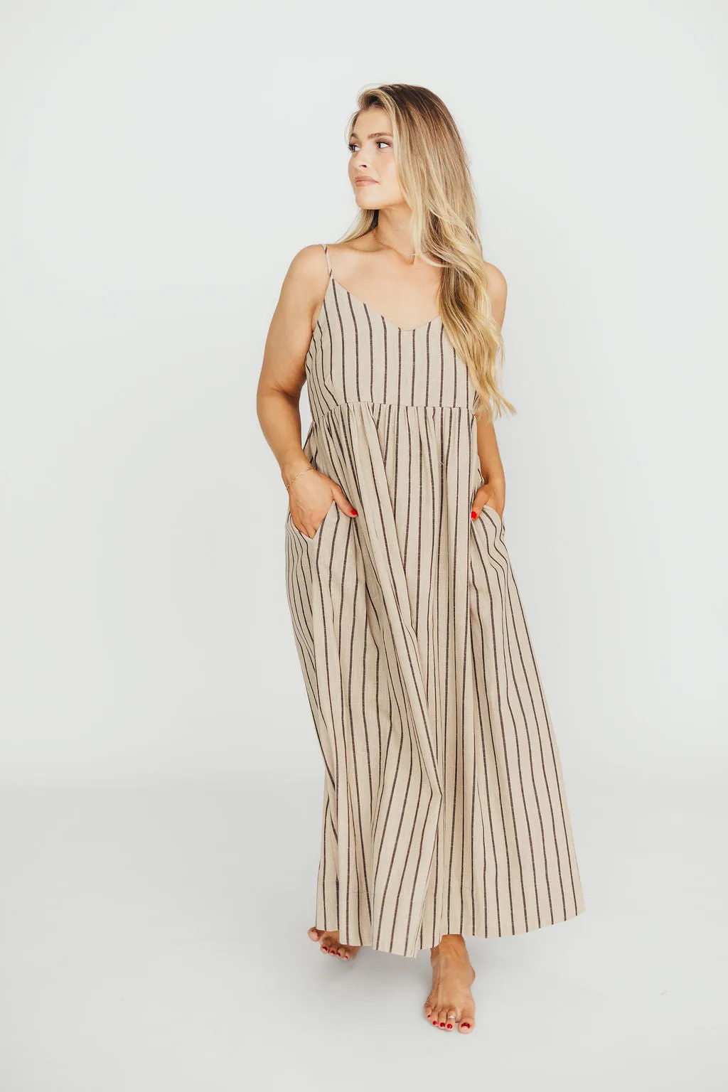 Carley Cotton & Linen Maxi Dress in Beige/Charcoal Stripe - Bump Friendly