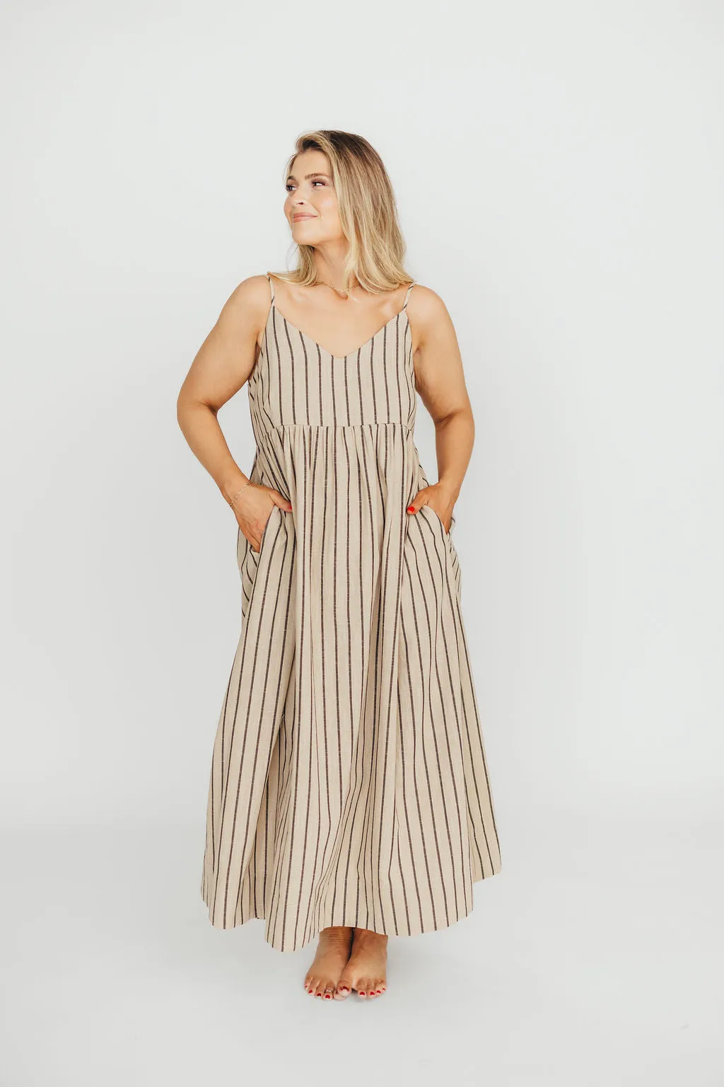 Carley Cotton & Linen Maxi Dress in Beige/Charcoal Stripe - Bump Friendly
