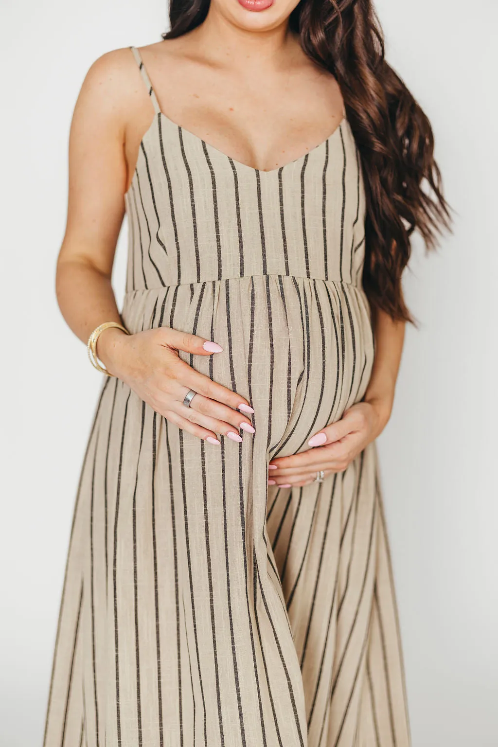 Carley Cotton & Linen Maxi Dress in Beige/Charcoal Stripe - Bump Friendly