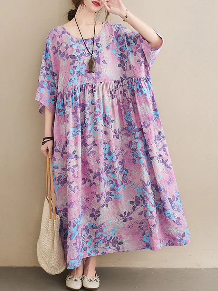 Casual Floral Printed Loose Fit O-neck Women Maxi Dress