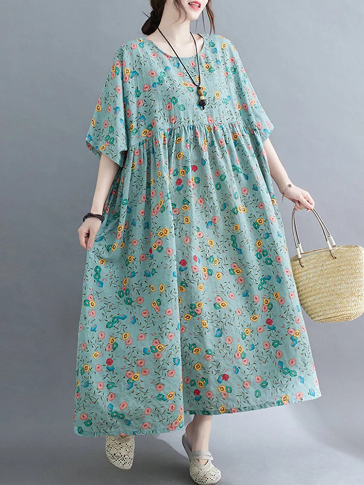 Casual Floral Printed Loose Fit O-neck Women Maxi Dress