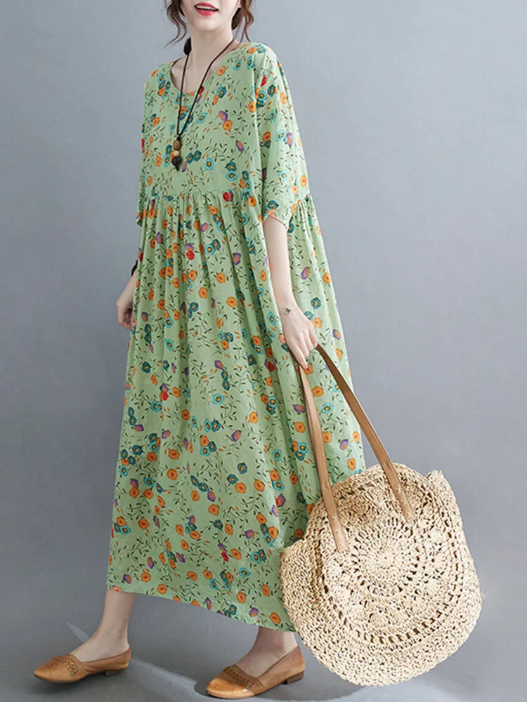 Casual Floral Printed Loose Fit O-neck Women Maxi Dress