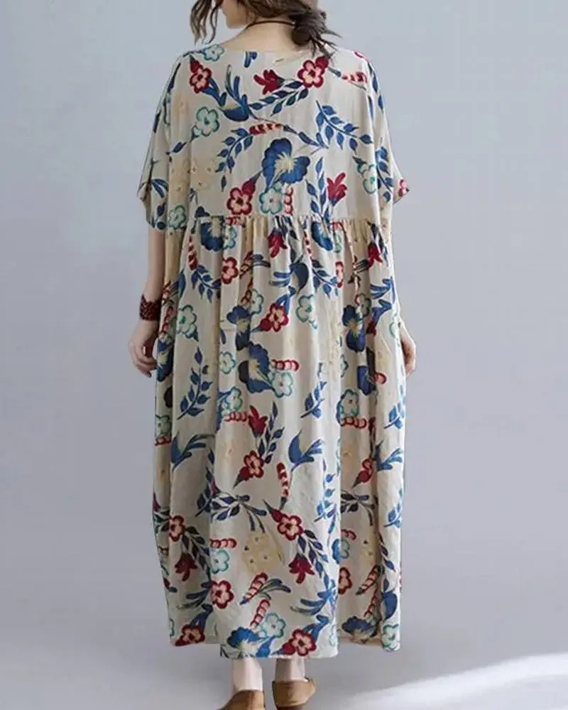Casual Floral Printed Loose Fit O-neck Women Maxi Dress