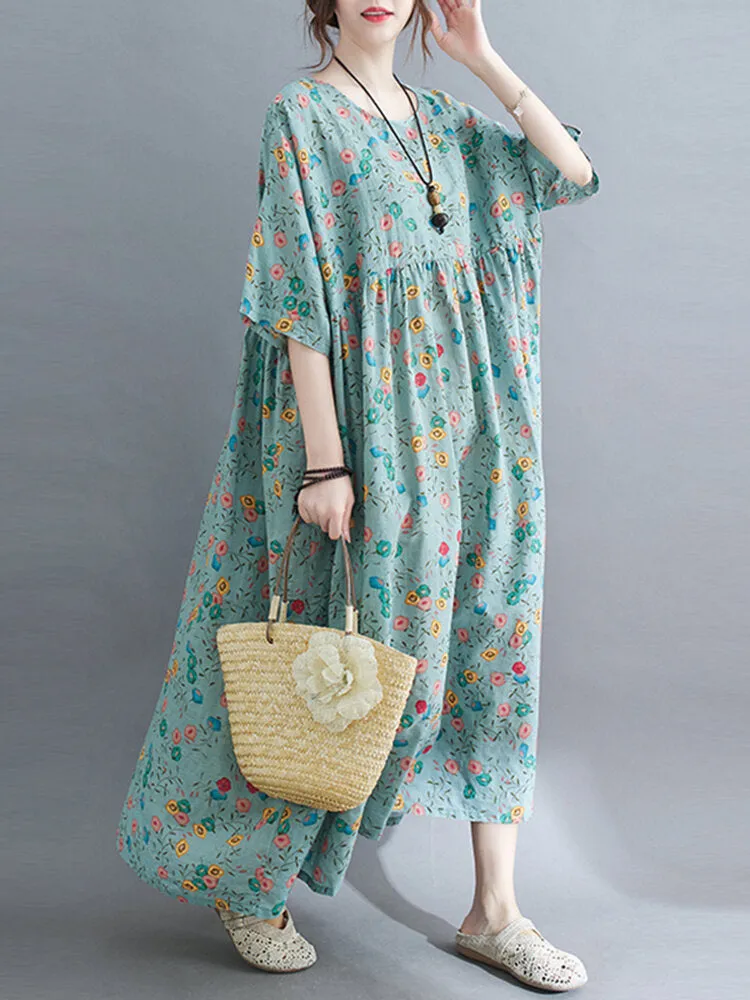 Casual Floral Printed Loose Fit O-neck Women Maxi Dress