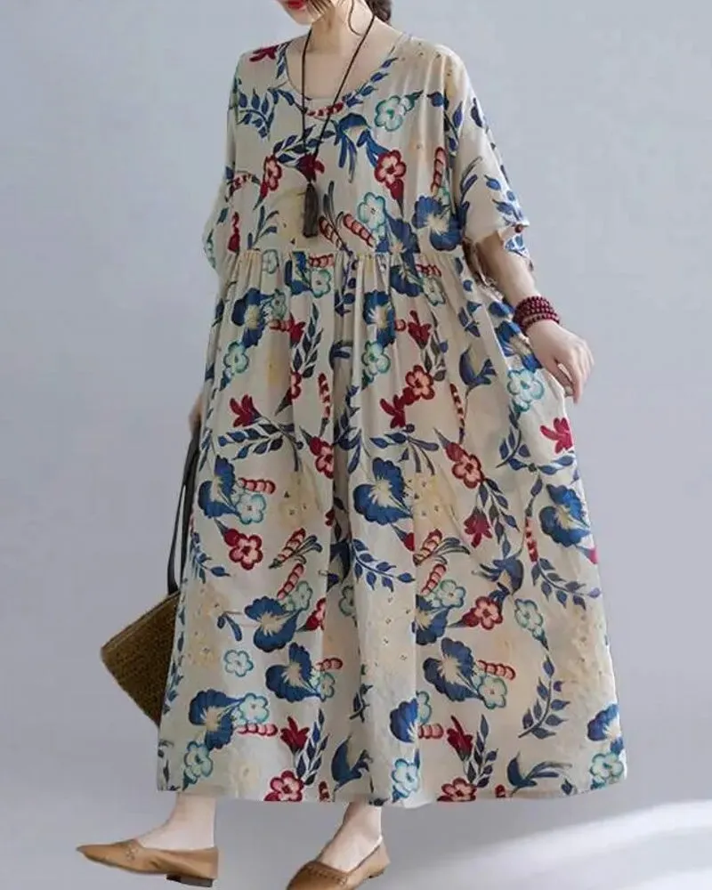 Casual Floral Printed Loose Fit O-neck Women Maxi Dress