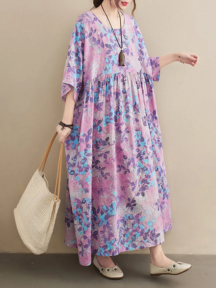 Casual Floral Printed Loose Fit O-neck Women Maxi Dress