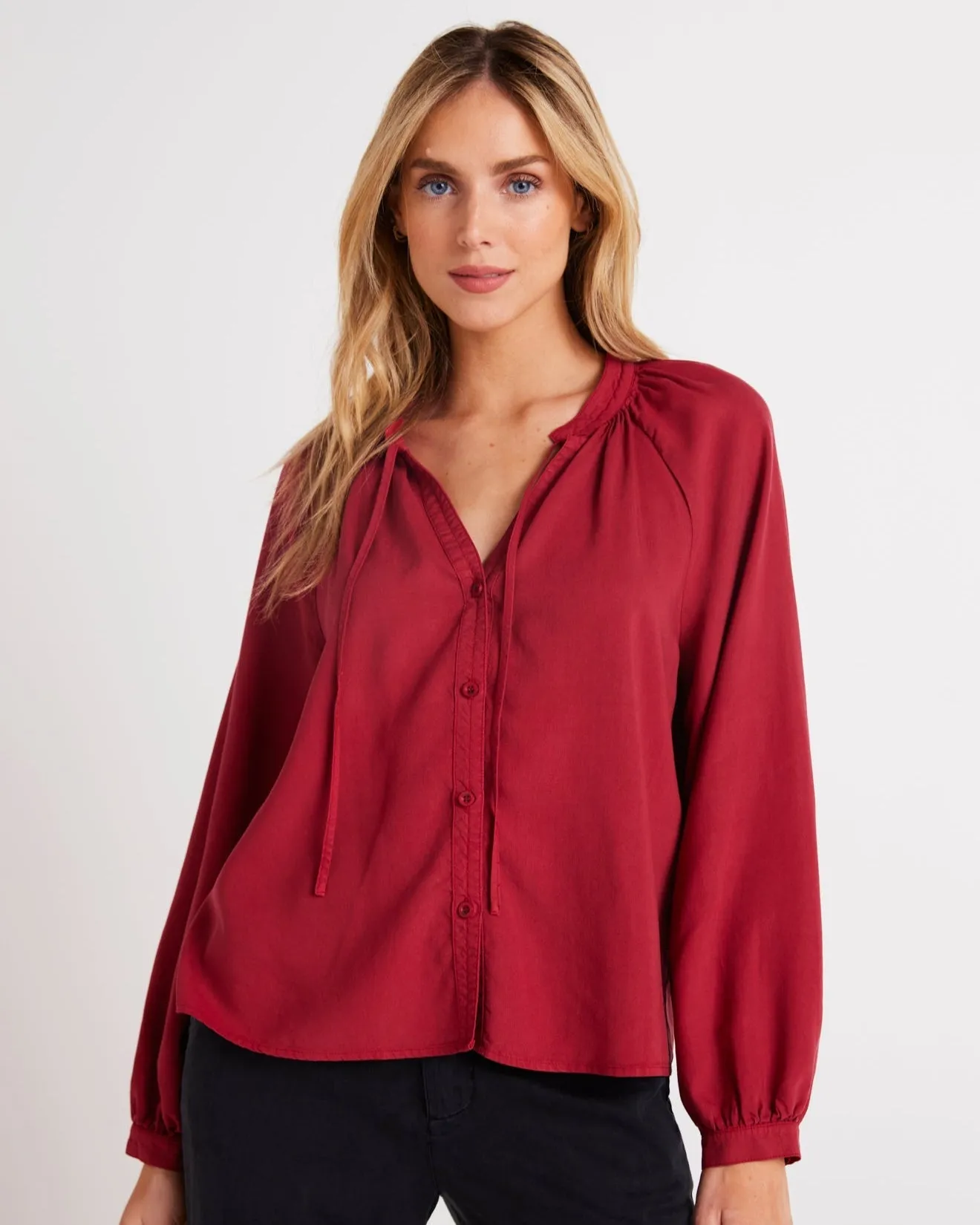 Full Sleeve Raglan Button Down - Ruby Red
