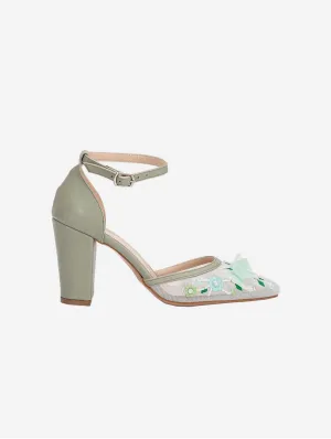Ivy 3D Floral Lace Vegan Block Heels | Sage