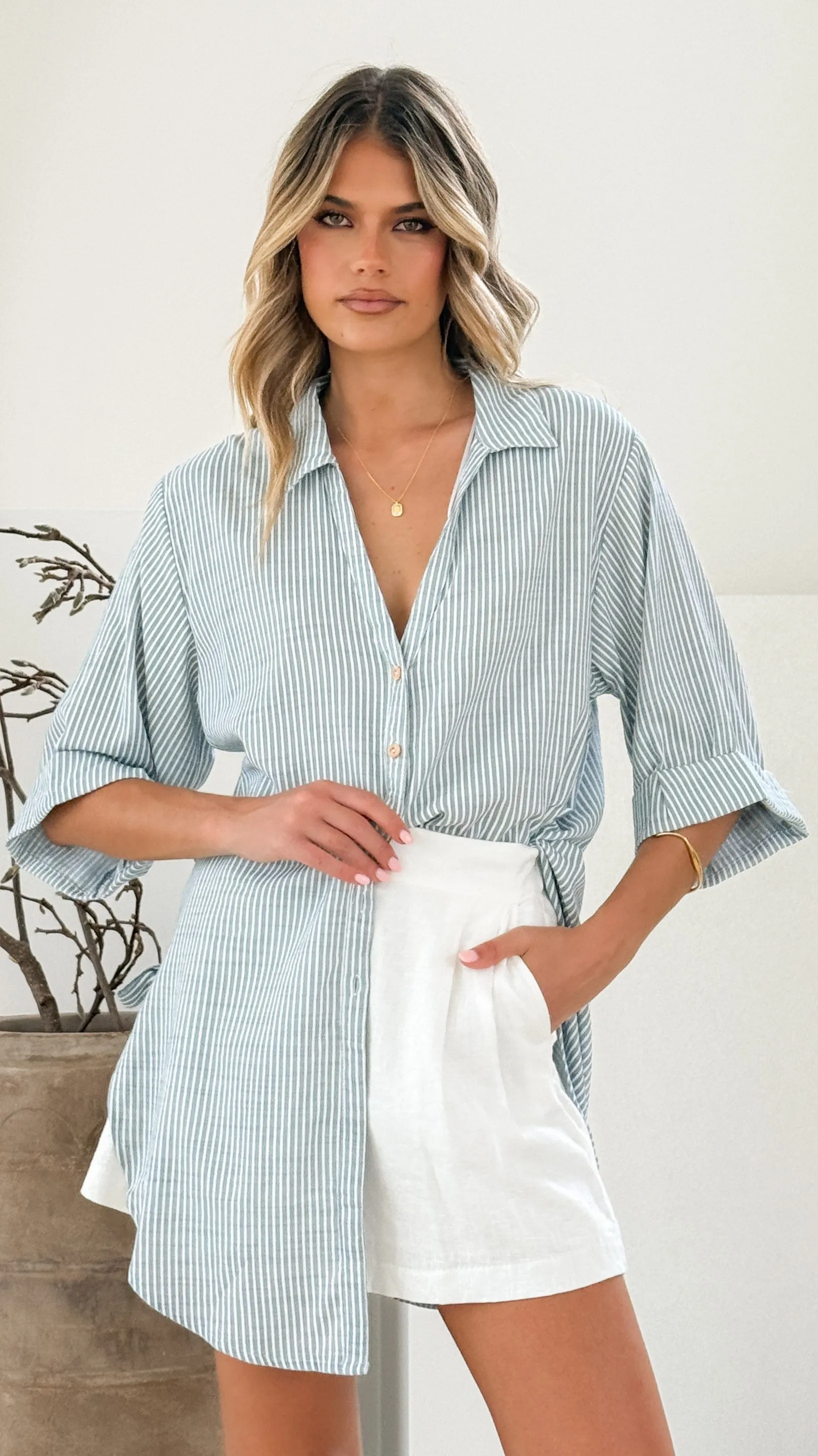 Lucia Shirt - White/Light Blue Stripe
