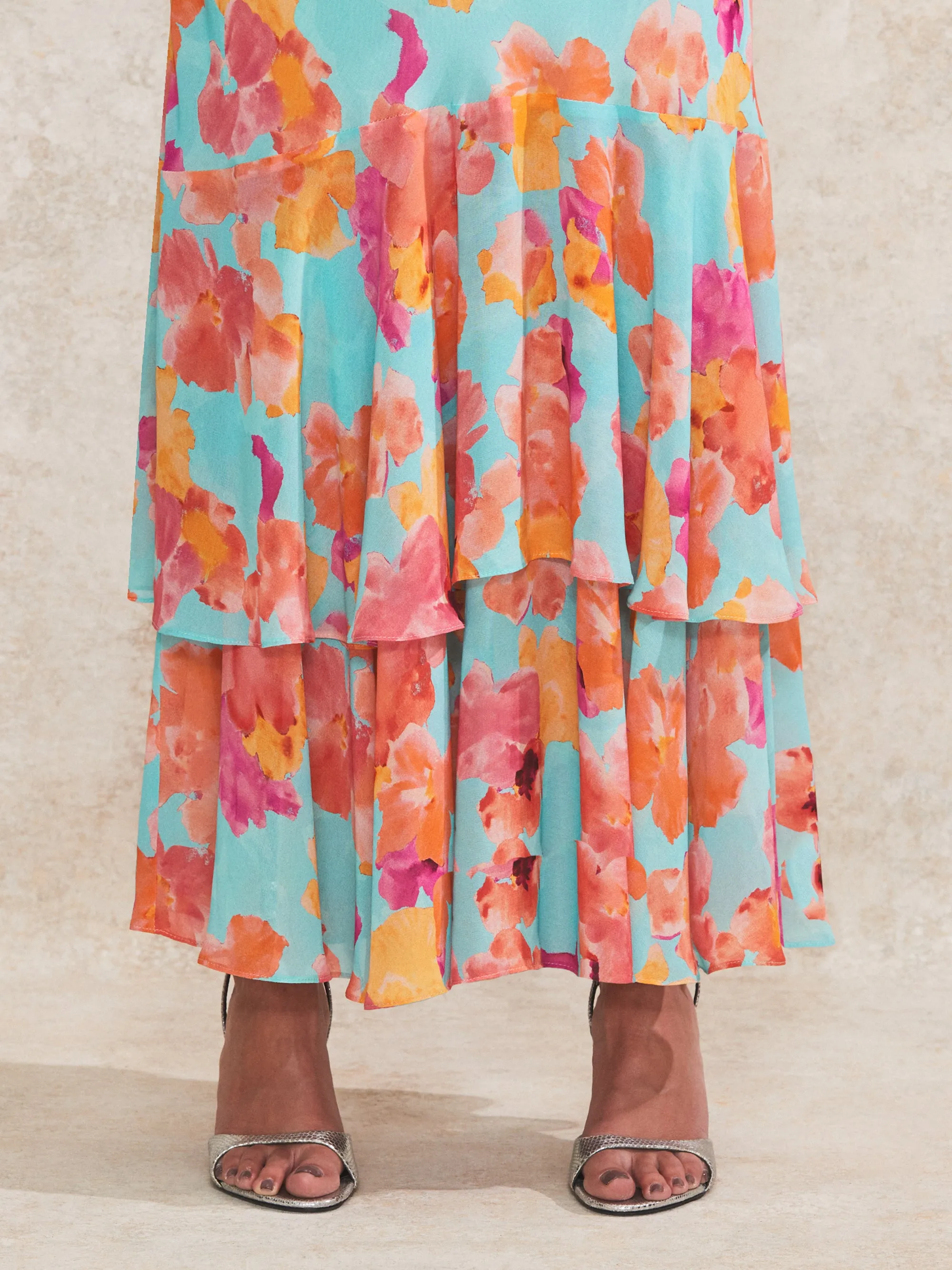 Petite Hazel Blue And Pink Floral-Print Frill-Sleeve Dress