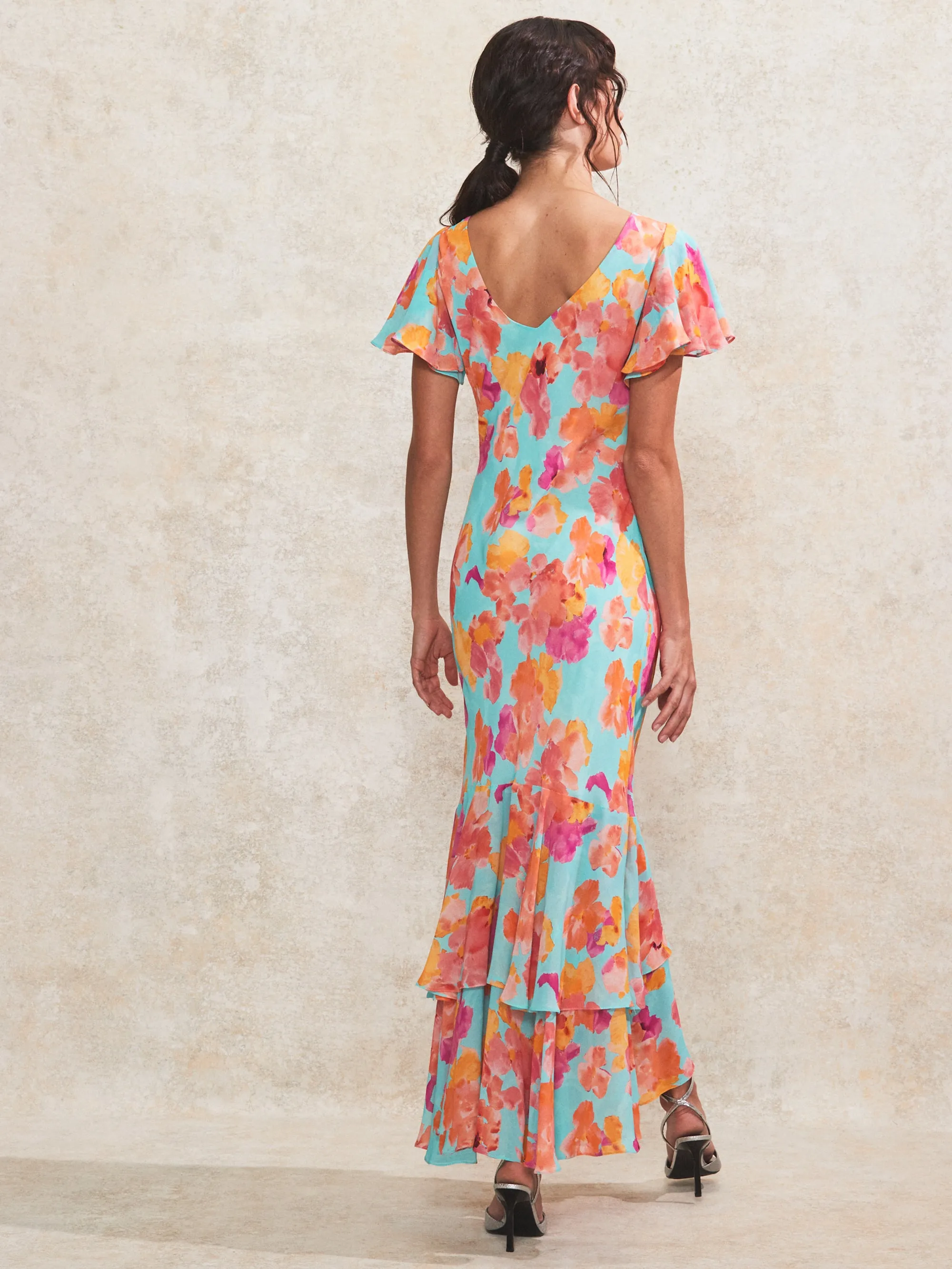 Petite Hazel Blue And Pink Floral-Print Frill-Sleeve Dress
