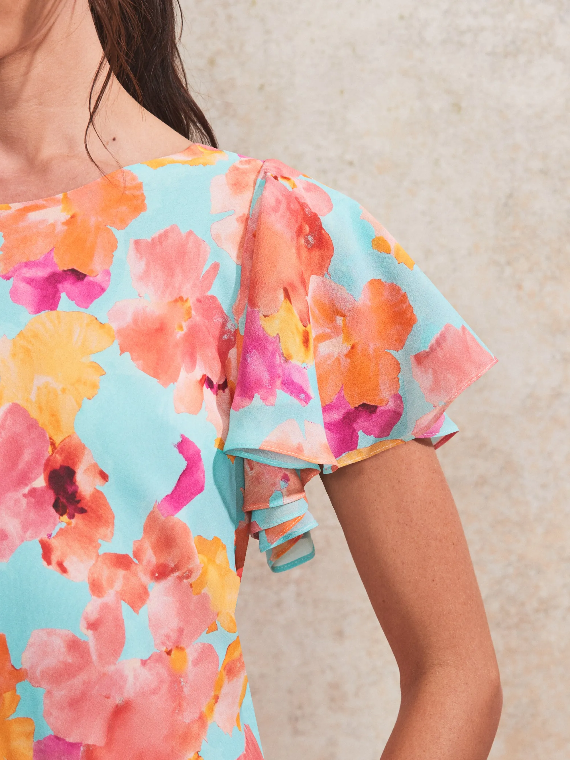 Petite Hazel Blue And Pink Floral-Print Frill-Sleeve Dress