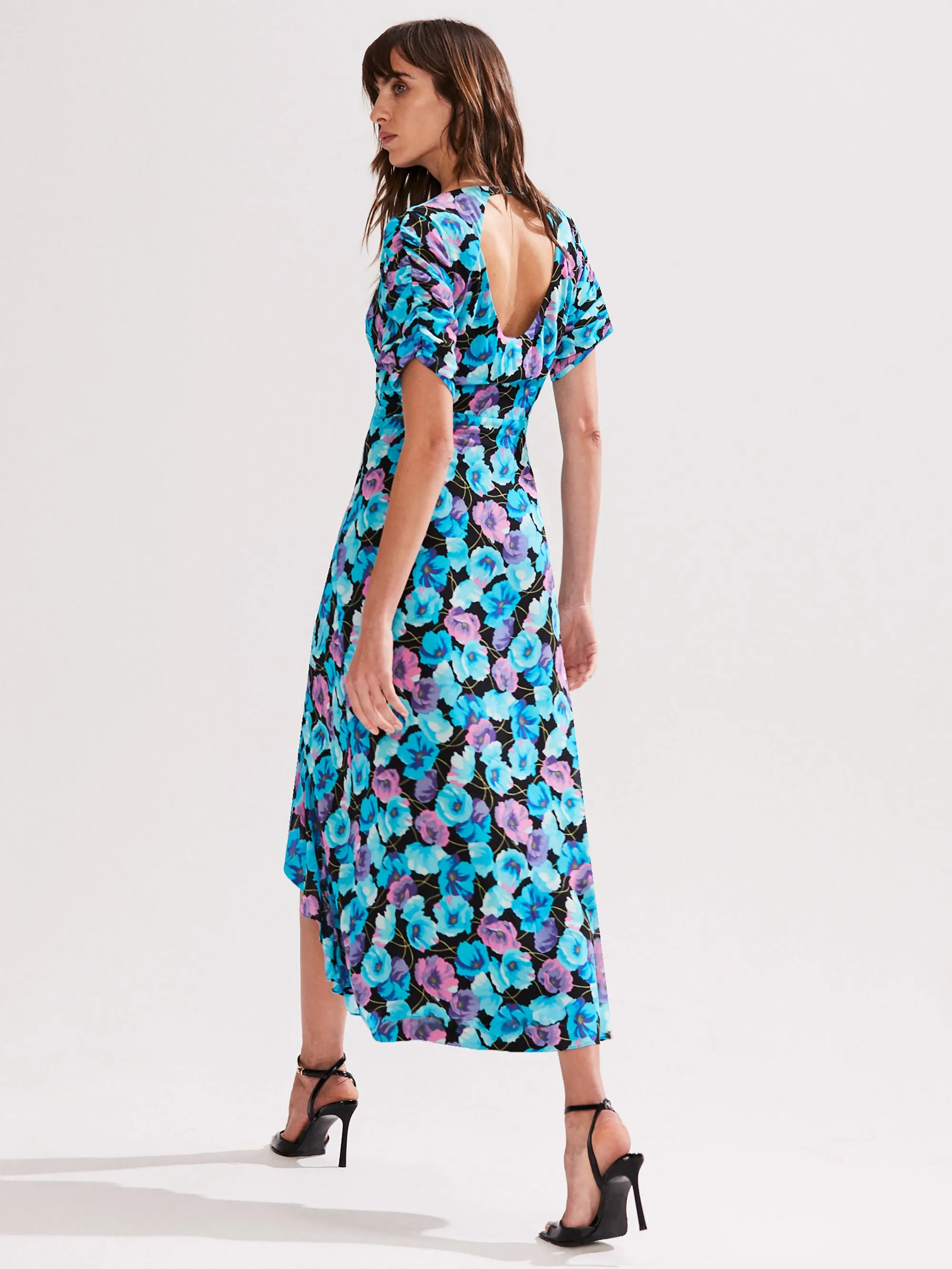 Petite Mia Blue Floral Frill Front Midi Dress