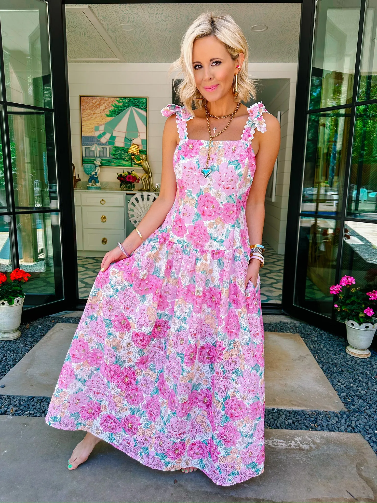 ROSE GARDEN PARTY LACE MIDI DRESS - PINK
