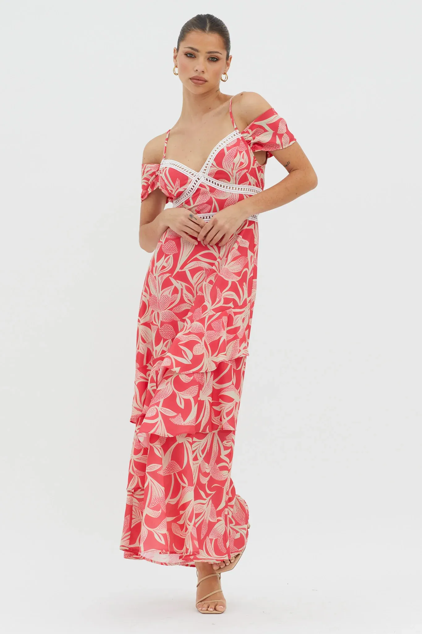 Seina Off-Shoulder Crochet Trim Dress Print Red
